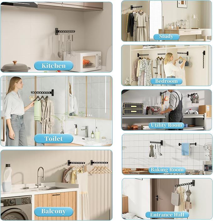 Alise Clothes Drying Rack Wall Mounted,Foldable Coat Hanger Black,1P - Image 9