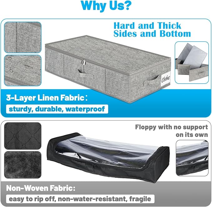 Under Bed Storage Container Bins 2 Pack, Low Profile Foldable Underbed Clothes Storage Organizer W/ Ultra Thick Fabric and Sturdy Bottom/Sides, Dual Zipper Storage Box for Dorm and Home 30x16x6.7" - Image 3