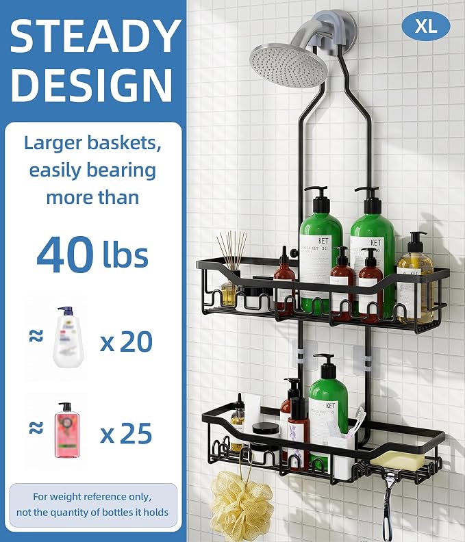 Shower Caddy Hanging Organizer, Extra Large Rack Over Showerhead with Hooks, Adjustable Height Shower Caddy for Big Shampoo Bottle, Black - Image 5