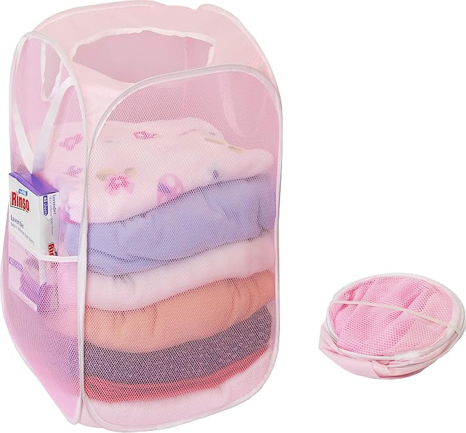 Simple Houseware Mesh Pop-Up Laundry Hamper with Side Pocket, 2 Pack, Pink - Image 3