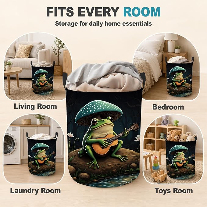 Frog Guitar Dirty Clothes Hamper,Foldable Laundry Basket with Handles,Mushroom Forest Waterproof Oxford Cloth Storage Bin for Bedroom Bathroom Nursery,16 x 20 Inch - Image 7