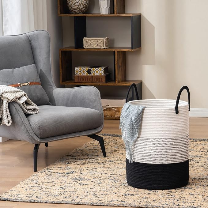 Woven Rope Laundry Hamper Basket by YOUDENOVA, Tall Luandry Basket, Baby Nursery Hamper for Blanket Storage, Clothes Hamper for Laundry in Bedroom-Large-(Dark White, 58L) - Image 7