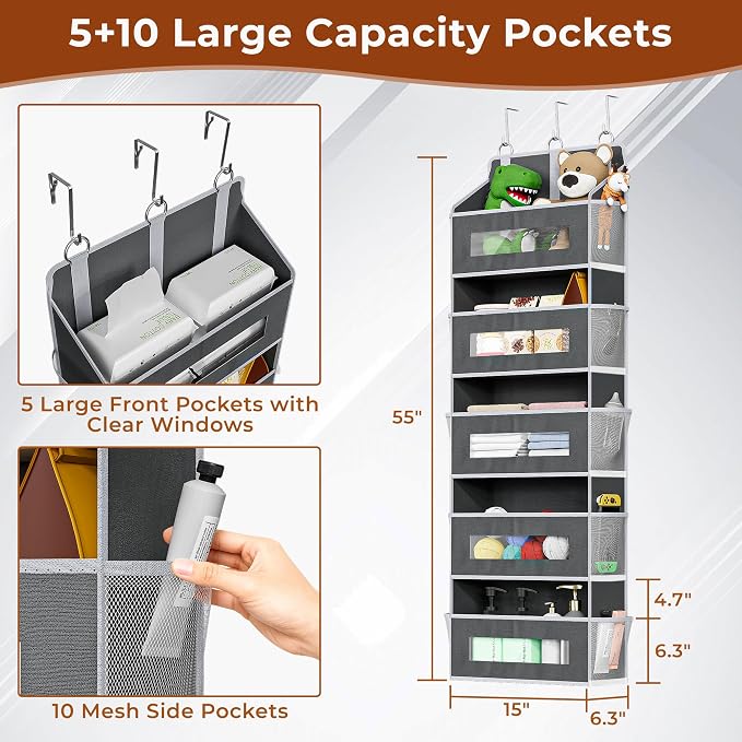 3 Pack 5 Tier Over the Door Organizer Space-Saving Storage for Any Room | Grey Hanging Closet Organizer with 10 Mesh Pockets and Clear Windows, Closet Organizers and Storage for Bathroom, Bedroom - Image 2
