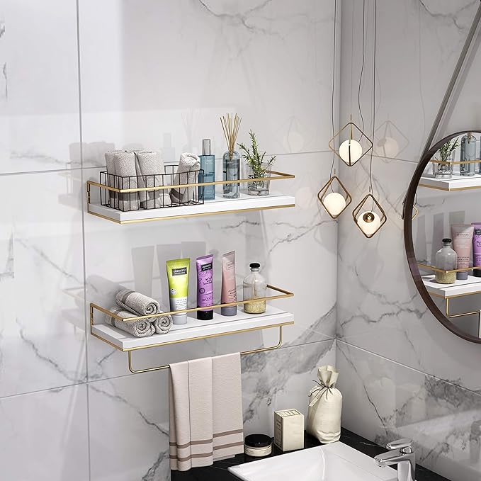 Shario White Floating Shelves - Set of 2, Wall Mounted Hanging Shelves with Golden Towel Rack, Decorative Storage Shelves for Bathroom, Kitchen, Living Room & Bedroom (White Gold, 15.7 Inches) - Image 2