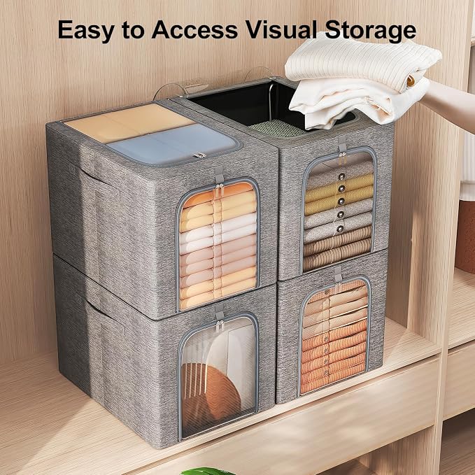 GoMaihe Clothes Storage Bins with Metal Frame for Closet, 40L 4-Pack Grey - Image 5