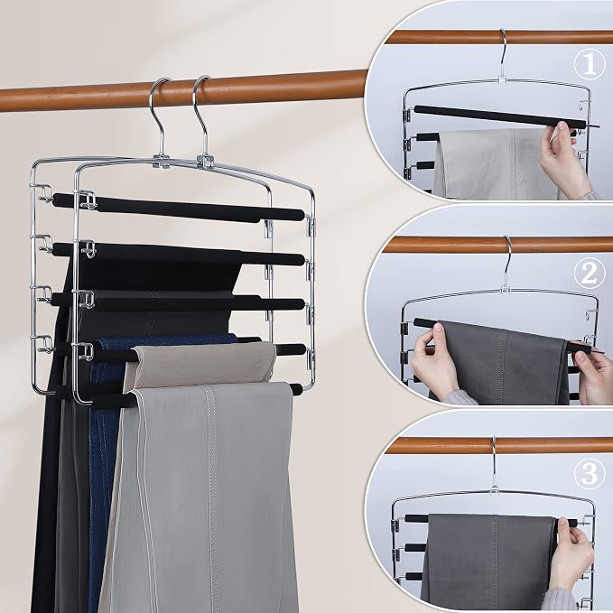 TOPIA HANGER Pants Hangers Space Saving with 5 Tiers Non-Slip Foam Padded | 3 Pack 80% Space Save Closet Orgainzer, 360° Swivel Hook, Multi Layers Swing Arm Non-Slip Foam Padded for Pants Jeans Black - Image 3