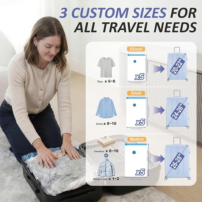 Travel Vacuum Storage Bags with Rechargeable Cordless USB Pump, 15 Combo - Image 4