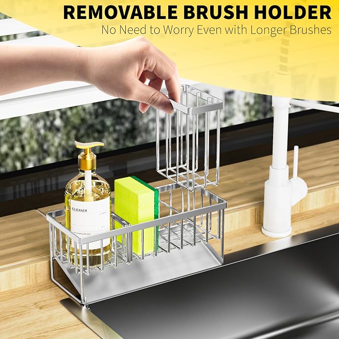 Cisily Sink Caddy Sponge Holder for Kitchen, 304 Stainless Steel Rustproof, Kitchen Sink Caddy with High Brush Holder, Dish Sponge Organizer with Divider(Silver) - Image 3