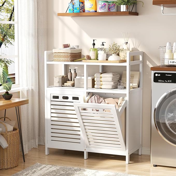Homykic Tilt Out Laundry Hamper Cabinet, Bamboo Laundry Organizer, White - Image 3