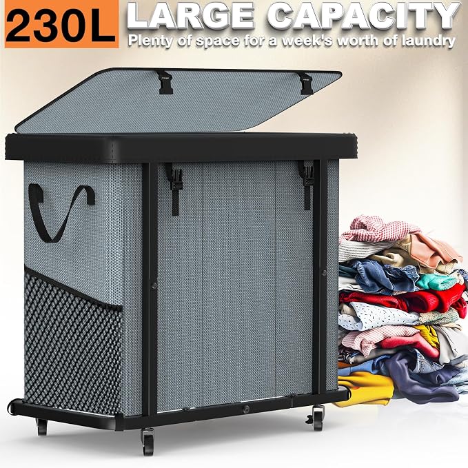 Laundry Basket with Wheels, 230L(60Gal) Laundry Sorter 3 Section - Gray - Image 3