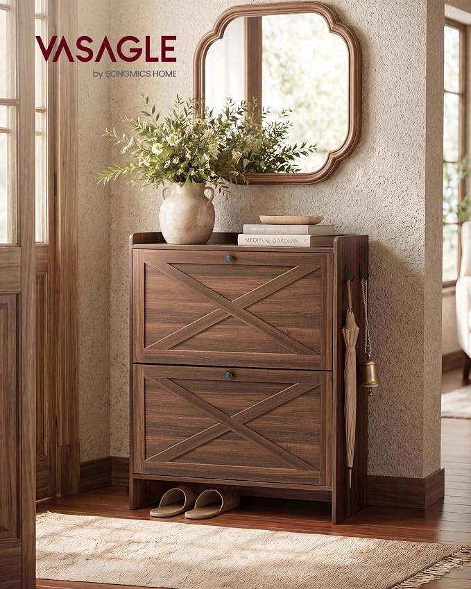 VASAGLE Narrow Shoe Storage Cabinet Organizer with 2 Flip Drawers | Freestanding Shoe Rack, Fits 14 to 16 Pairs, for Entryway, Farmhouse Style, Chestnut Brown, HAINS Collection UHSC203KX01S - Image 3