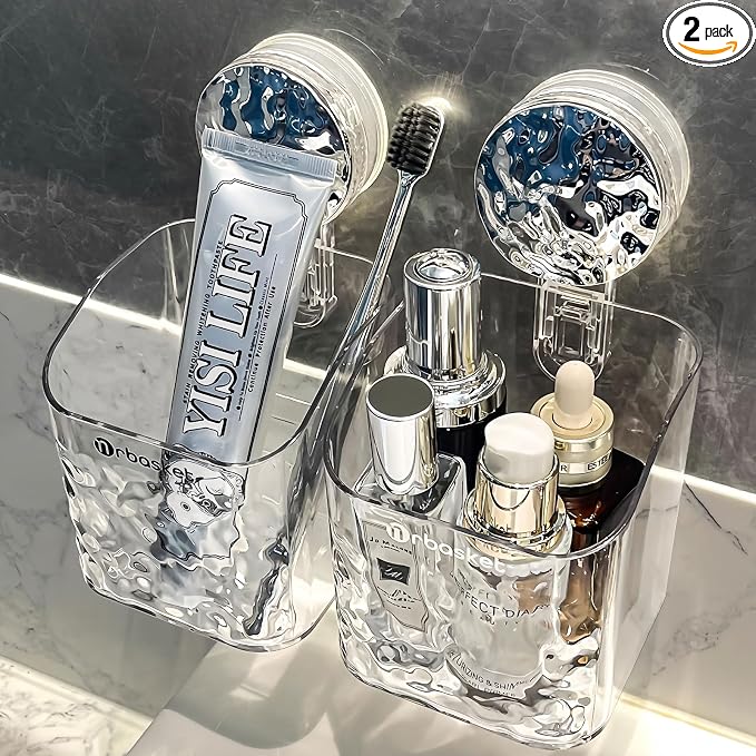 2 Pack Suction Cup Shower Caddy, Wall Mounted Suction Electric Toothbrush Holder for Bathroom, Clear Shower Rack with 2 Movable Hooks, Toothpaste and Razors Shower Organizer by Unknown