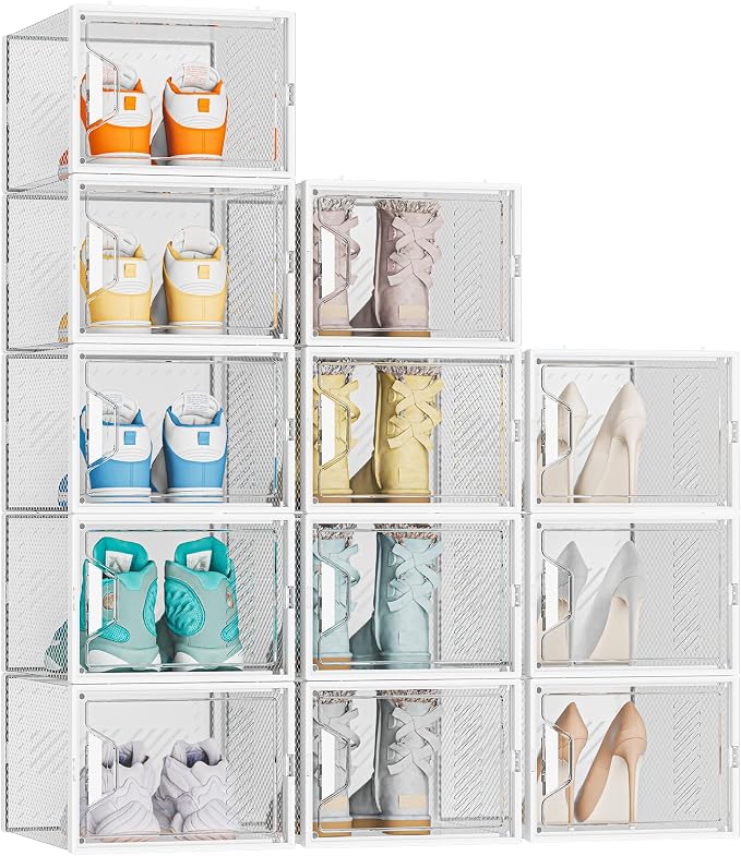SIMPDIY XL Clear Shoe Storage Boxes, Stackable Shoe Organizer for Closet | 12 Pack, for Size 13, Magnetic Door, Aromatherapy Stick, Plastic, Shoe Rack for Closet, Entryways, Under-bed Storage by DecorateYourHome