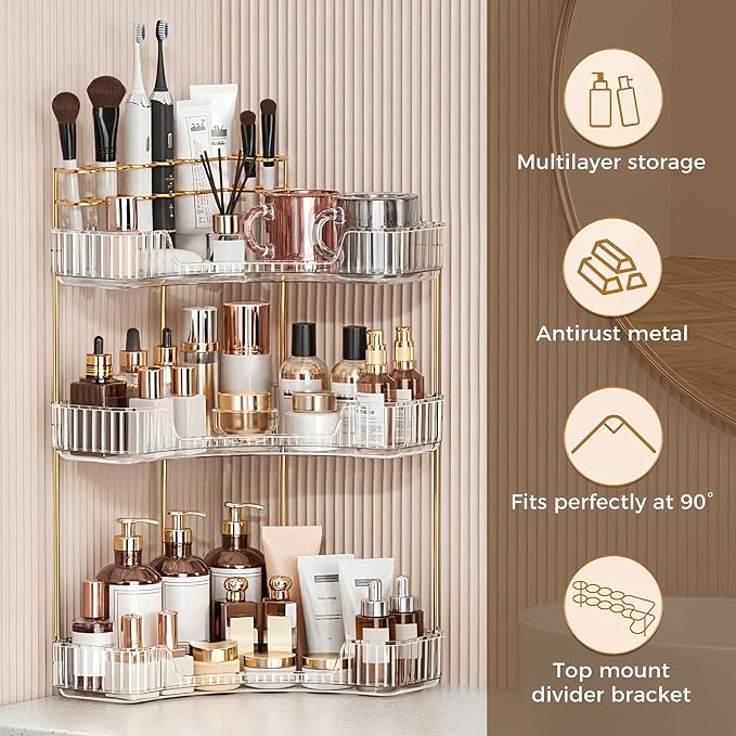 BEFSOP Corner Bathroom Counter Organizer, Upgraded 3-Tier Makeup Organizer Countertop with Makeup Brush Holder, Skincare Exquisite Vanity Organizers Countertop Bathroom Storage Dresser(CLEAR) - Image 5