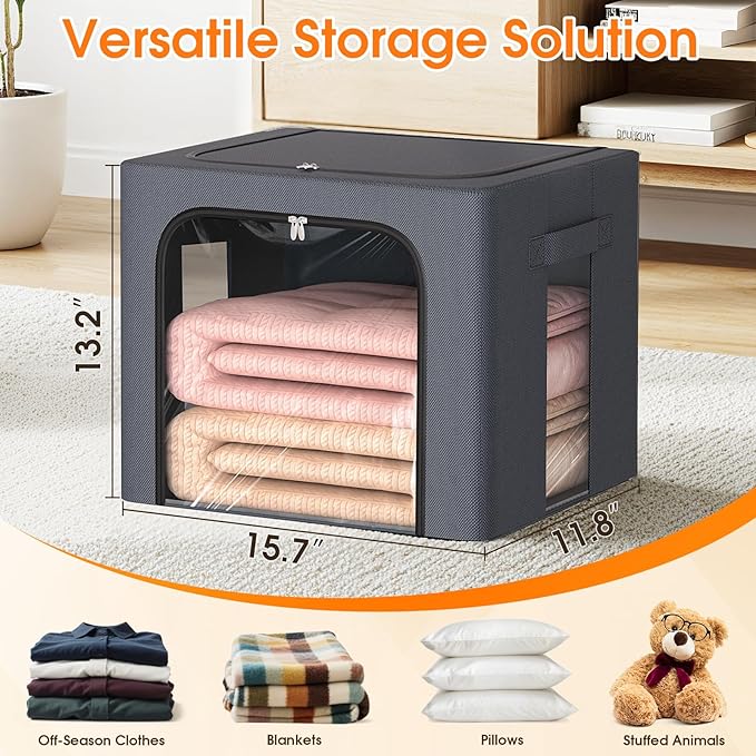 3 Pack Clothes Storage Bins with Metal Frame,40L Storage Bags Fabric Box Organizer with Clear Window,Zippers,Sturdy Handles(3 Pcs,Light Grey,40L) - Image 4