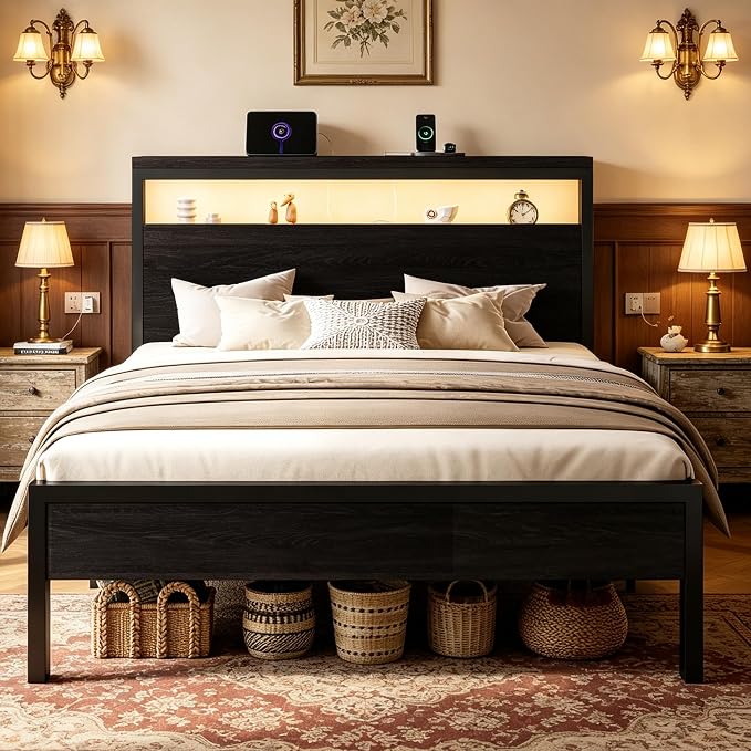 SHA CERLIN Full Bed Frame, 2-Tier Storage Headboard, LED, Charging Station by SHACERLIN
