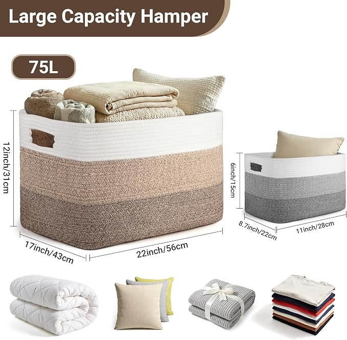 75L Laundry Basket Hamper,Gradient Brown/White, 22"x17"x12" - Image 2