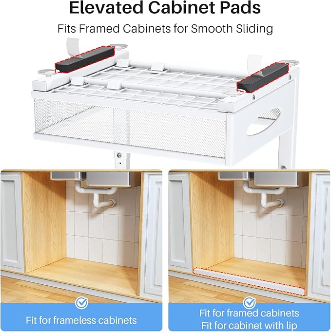 Under Sink Organizer, 2 Tier Pull Out Under Cabinet Organizer Shelf with Pad for Framed Cabinets, Metal Slide Out Under Sink Storage, Mesh Sliding Drawers for Kitchen Bathroom Laundry(White, 1 Pack) - Image 3