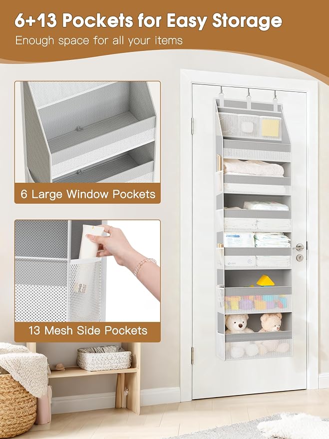 Criusia Over The Door Organizer, Heavy-Duty 6-Shelf Hanging Storage with 13 Mesh Pockets, 55lbs Capacity Behind The Door Storage for Nursery, Bathroom, Bedroom, and Dorm, Grey - Image 5