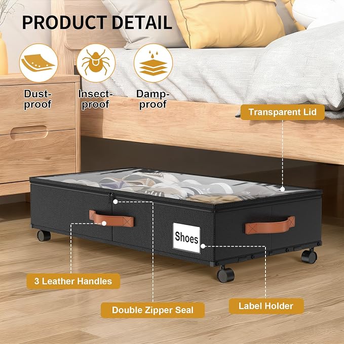 Under Bed Storage Containers with Wheels Large Underbed Shoes Blankets Clothes Toy Storage Drawers for College Dorms Bedrooms Nursery Rooms Organization (Black 2 Pack, 6.6in height(30.3"x15.7"x6.6")) - Image 4