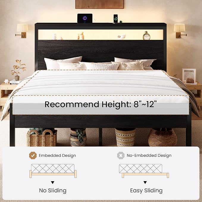 SHA CERLIN King Bed Frame, 2-Tier Storage Headboard, LED, Charging Station - Image 9