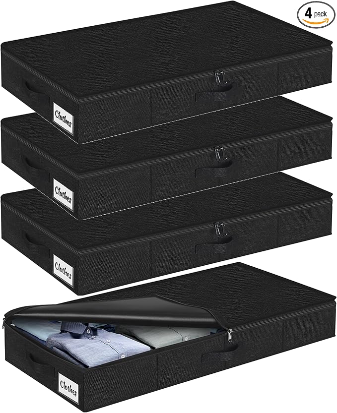 Under Bed Storage Container Bins 4 Pack, 4 Inch Thin Low Profile Underbed Clothes Storage Organizer for Dorm & Home, Use for Blanket and Toy Storage Box W/ Sturdy Bottom/Sides, Foldable Thick Fabric by KUKIKAN
