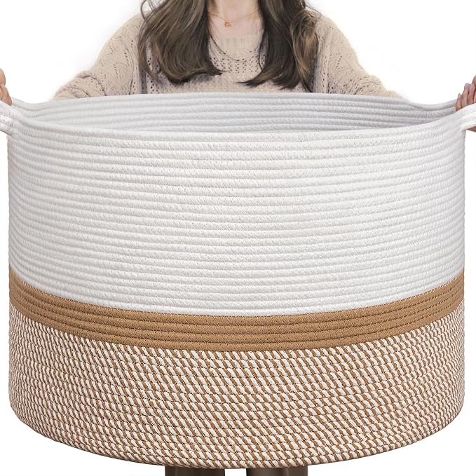 INDRESSME XXXLarge Woven Rope Blanket Basket Living Room White Camel, 90L by INDRESSME