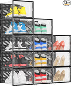 eWonLife X-Large Shoe Boxes with Magnetic Door, 12-Pack Stackable Shoes Storage Organizer for Closet, Clear Plastic Sneaker Container Shoe Rack for Size 12, Black by EnjoyWonderfulLife-eWonLife