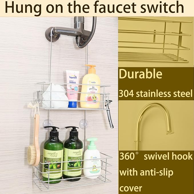 2-Tier Shower Caddy Hanging Shower Organizer Rack with Hooks Over The Door - Image 4