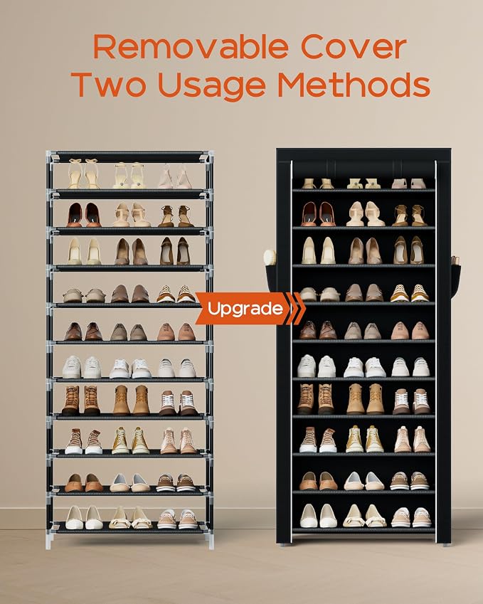 CASAMAYA Shoe Rack with Covers, 10 Tiers Tall Shoe Rack Organizer, Large Capacity Shoe Shelf Storage, Hold 30 Pairs of Shoes, Vertical Shoe Storage Organizer for Closet, Entryway, Black, SRT103B01 - Image 5