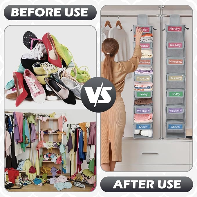 2 Pack 7 Shelf Weekly Clothes Organizer Hanging Closet for Kids with Side Pockets Weekday Shoes Rack Weekly Clothes Organizers Monday Through Weekend Foldable Storage Shelves(Gray) - Image 4