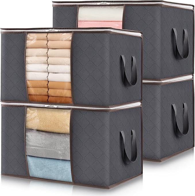 Lifewit 4 Pack 60L Clothes Storage Bins with Lids, Foldable Blanket Storage Bags with Zippers, Clear Window and Reinforced Handles, Closet and Organization for Clothing, Sweater, Comforter, Bedding by Lifewit
