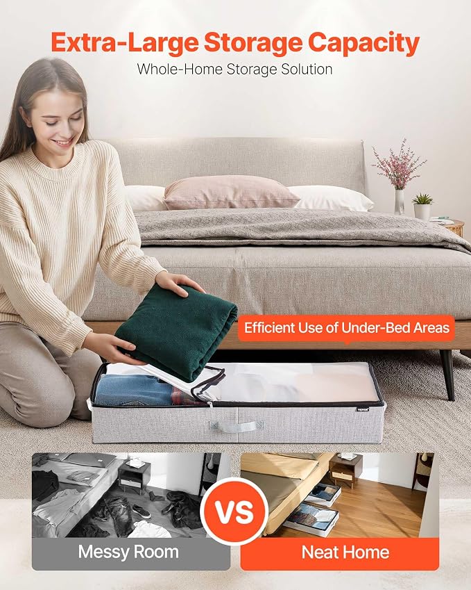 VEVOR Under Bed Storage with Clear Lids, 33.5 x 16.9 x 4.7 Inch, 45L Large Underbed Clothes Storage Containers, Low Profile Under Bed Drawer Shoe Organizer Bins Box for Blanket Shoe Bedroom, 2 Pack - Image 4