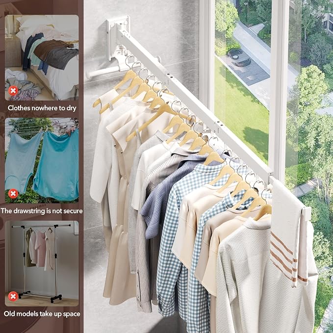 ZdwCyl Clothes Drying Rack,Laundry Drying Rack Wall Mount, Wall Mounted Clothes Rack,Retractable,Collapsible(Tri-Fold),Drying Rack Clothing,can Fold Upward & Left & Right,Space Saver, White Color - Image 5