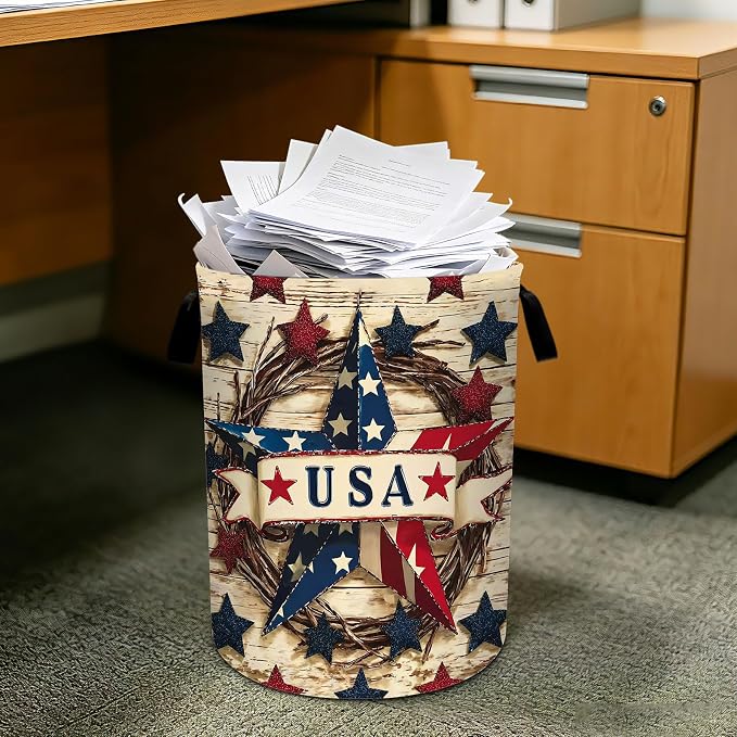 4th of July Wooden Print Star Laundry Basket Foldable Laundry Hamper With Handles Clothes Storage Bucket Organizer Laundry Bag For Bedroom Bathroom Laundry Storage 19.6 x 15.7 - Image 7