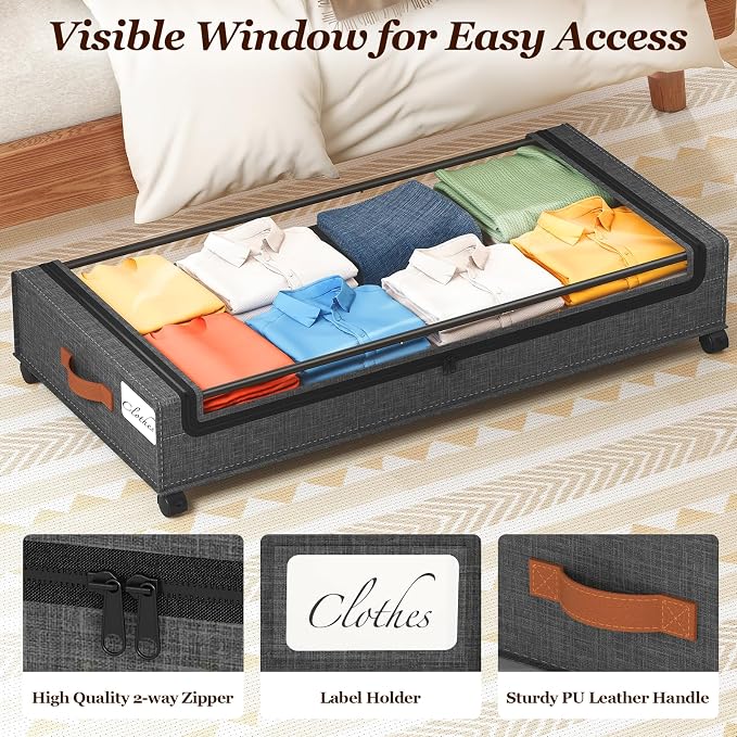 Yecaye 70 L Under Bed Storage with Wheels, 3 Pack Larger Capacity Under Bed Storage Containers, Underbed Shoe Storage Organizer, Rolling Under Bed Metal Drawers for Clothes, Blankets, Hemp Grey - Image 4