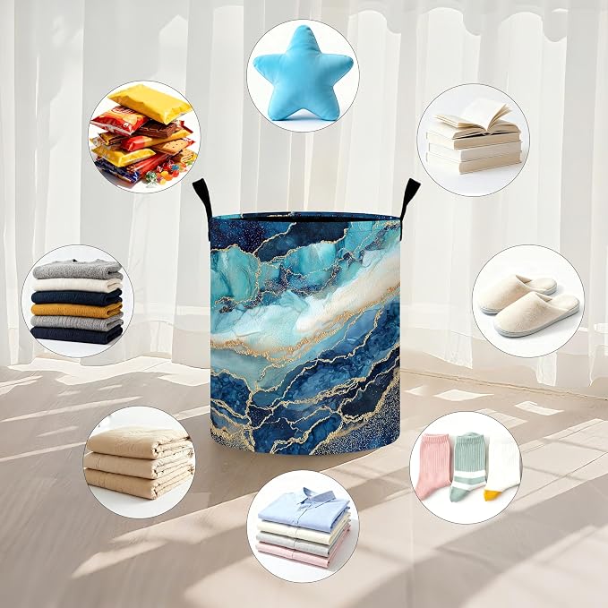 Marble Teal Laundry Basket Storage Bin Foldable Laundry Hamper Clothes Storage Bucket Organizer 19.6x15.7 Inch For Laundry Room/Bedroom/Bathroom - Image 5