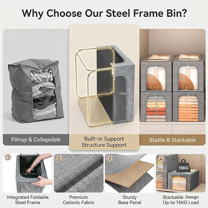 GoMaihe Blanket Storage Bins with Metal Frame for Closet, 55L 4-Pack Grey - Image 2