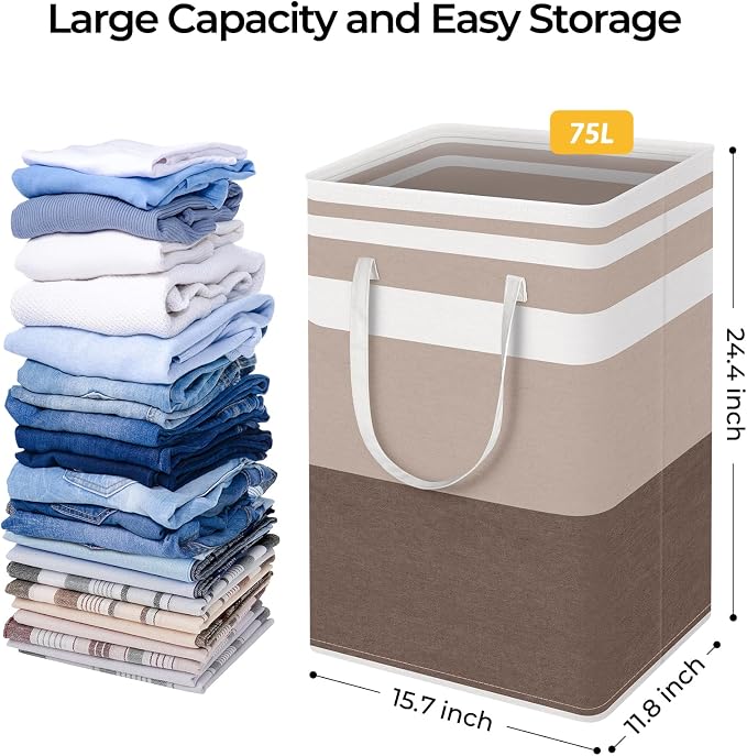HomeHacks 2 Pack Large Laundry Baskets, Laundry Hampers Bags (Khaki 75Lx2) | Waterproof, Freestanding, Collapsible Clothes Hamper with Reinforced Handles in Laundry Room, Dorm, Bathroom, Bedroom - Image 4