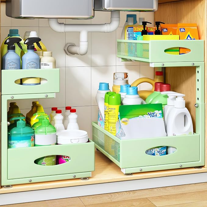 Under Sink Organizer, 2 Tier Pull Out Under Cabinet Organizer Shelf with Pad for Framed Cabinets, Metal Slide Out Under Sink Storage, Mesh Sliding Drawers for Kitchen Bathroom Laundry(Green, 1 Pack) by PXRACK