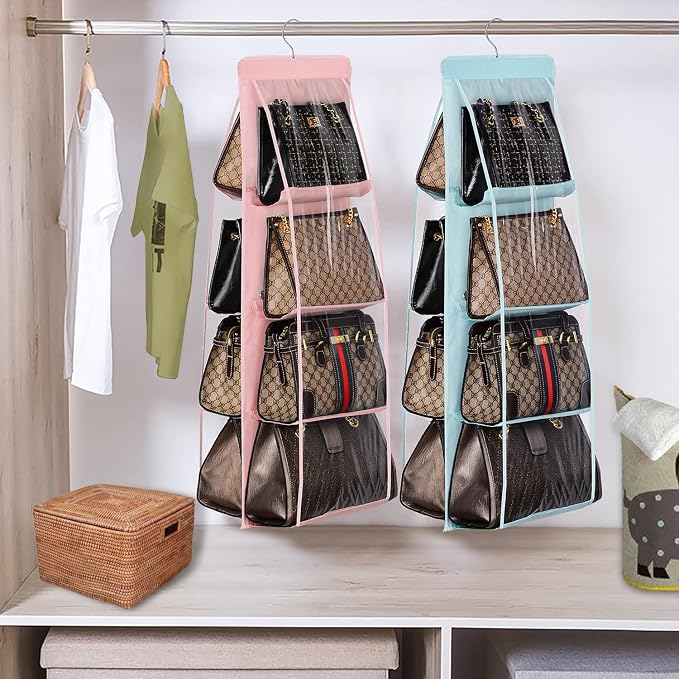 Lirex Handbag Hanging Purse Organizer for Closet, 8 Pocket Handbag Storage Organizer Hanger Oxford Cloth Closet Organizer for Family Closet Bedroom, Foldable and Universal Fit, Light Pink - Image 6