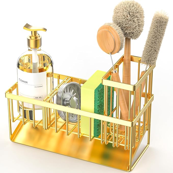 Cisily Gold Kitchen Sink Caddy Organzier with High Brush Holder, Sponge Holder for Sink, 304 Rustproof Stainless, Kitchen Countertop Soap Dispenser Organizer, Home Decor and Accessories - Image 7