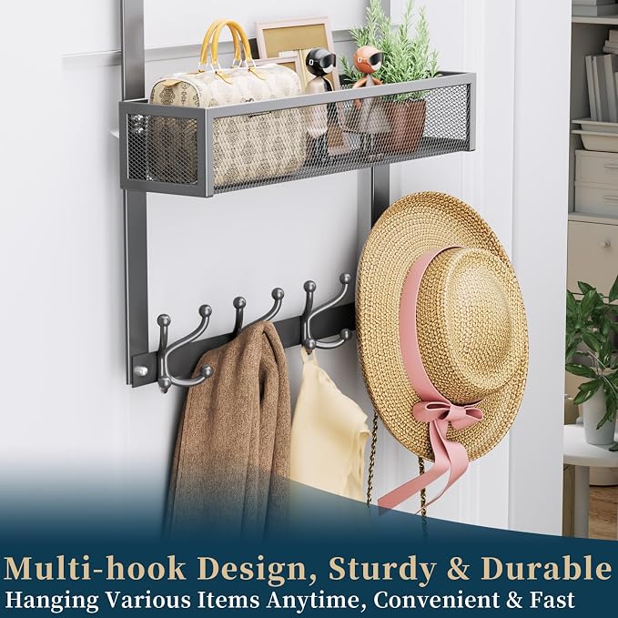 Consumest Over The Door Hooks Organizer - 2 Tier Over Door Hanger with 16 Hooks & 2 Baskets for Hanging Coat, Clothing, Towel, Back Storage for Bathroom, Closet, College Dorm, Grey - Image 5