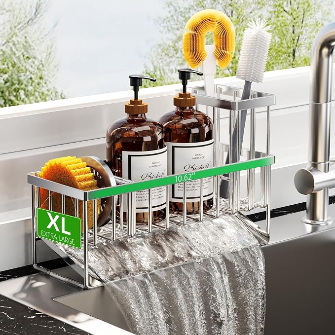 Cisily Extra Large Silver Kitchen Sink Caddy Organzier with High Brush Holder, Sponge Holder for Sink, 304 Rustproof Stainless, Kitchen Countertop Soap Dispenser Organizer For Decor and Accessories by CISILYHOMELIFE