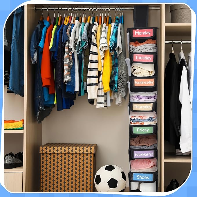 2 Pack 7 Shelf Weekly Clothes Organizer Hanging Closet for Kids with Side Pockets Weekday Shoes Rack Weekly Clothes Organizers Monday Through Weekend Foldable Storage Shelves(Black) - Image 3