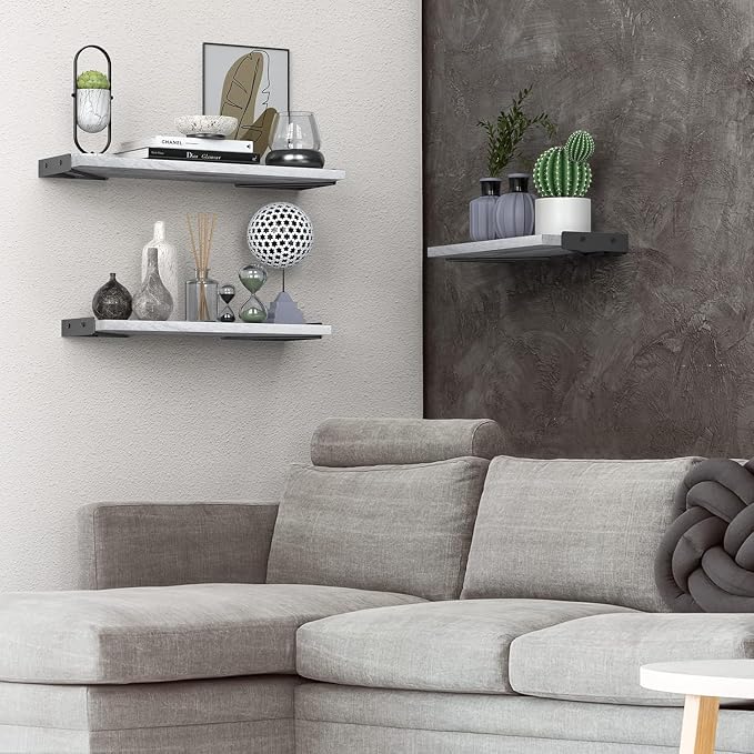BAYKA Wall Shelves for Bedroom Decor, Wood, Gray White, Set of 3, 16in - Image 2