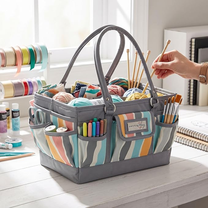 Everything Mary Deluxe Store & Tote Organizer – Grey Stripes Craft Caddy with Handle – Art Storage Tote for Sewing, Scrapbooking, DIY Projects & Crafting Tools - Image 2