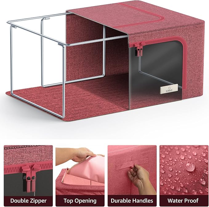 Sorbus Clothes Storage Bins, Clear Window & Handles (6 Pack, Pink) | Large foldable stackable boxes have easy-carry grips for bedding and linens in closets, bedrooms and laundry rooms. - Image 5