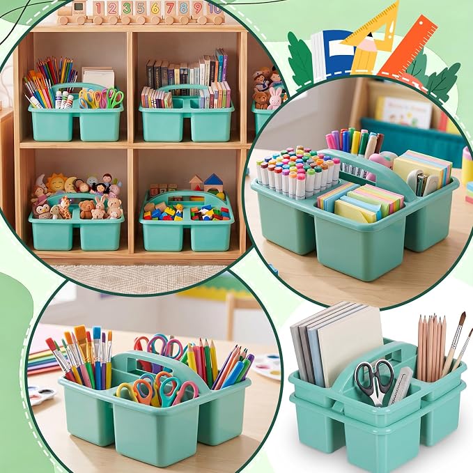 Geelin 6 Pack Classroom Caddy with Handle Plastic Storage Caddy Organizer with 3 Compartments Stackable Desk Caddies Holder Portable Storage Bin for Marker Pencil Crayon School Home Office(Green) - Image 5