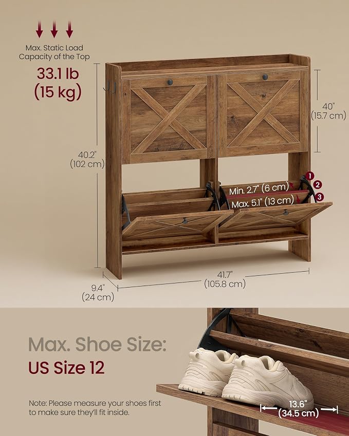 VASAGLE Narrow Shoe Storage Cabinet Organizer with 4 Flip Drawers | Freestanding Shoe Rack, Fits 16 to 24 Pairs, for Entryway, Farmhouse Style, Honey Brown, HANIS Collection UHSC403KB01S - Image 2
